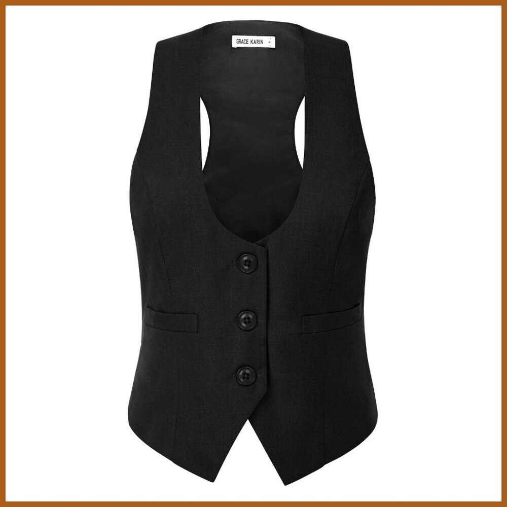 Polyester Waistcoat Vest, Sleeveless Button Front, Work Office Formal